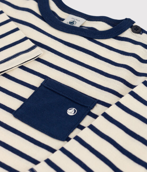 Babies' Long-Sleeved Cotton T-shirt Ecru/blue