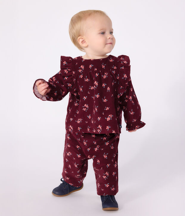 Babies' corduroy trousers printed with flowers red/multicolor