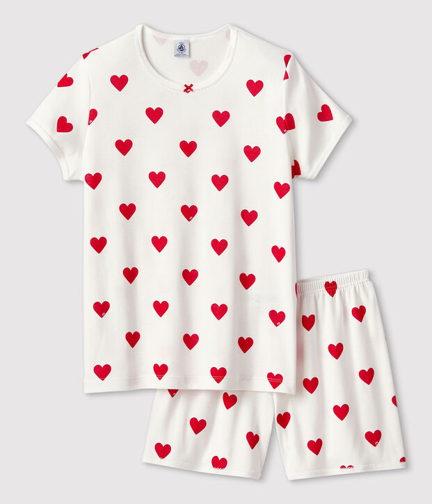 Girls' Heart Patterned Cotton Short Pyjamas white/red