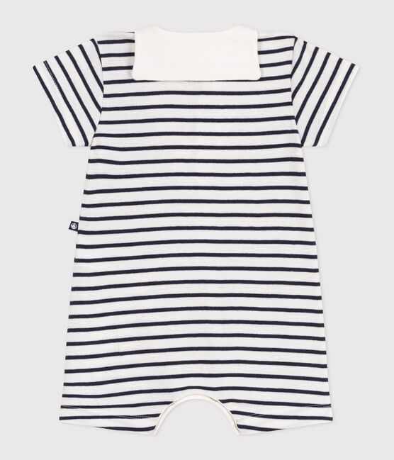 Babies' stripy cotton playsuit with a sailor collar MARSHMALLOW white/SMOKING blue
