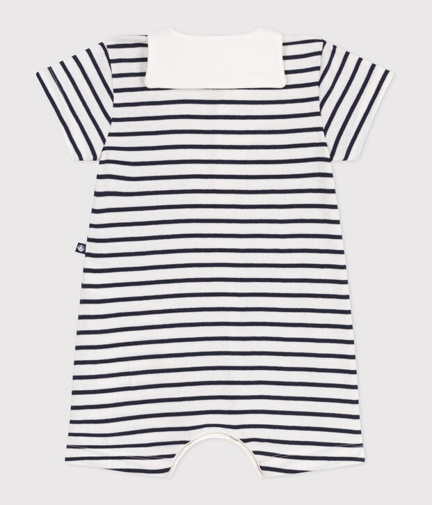Babies' stripy cotton playsuit with a sailor collar white/blue