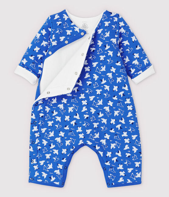 Babies' Long Bird Patterned Jumpsuit in Quilted Organic Cotton Tube Knit COOL blue/MULTICO ecru