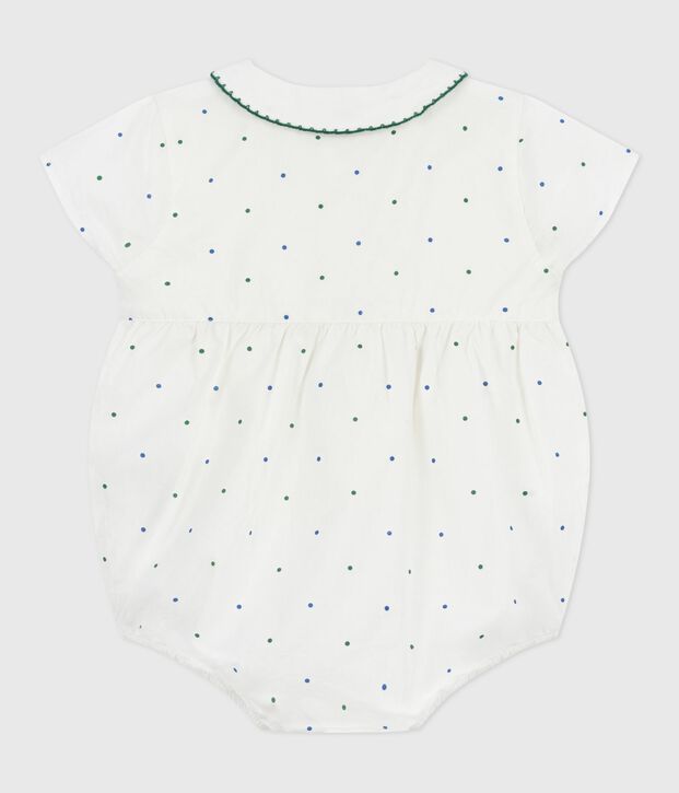 Babies' short-sleeved spotty print cotton rompers with a collar white/multicolor