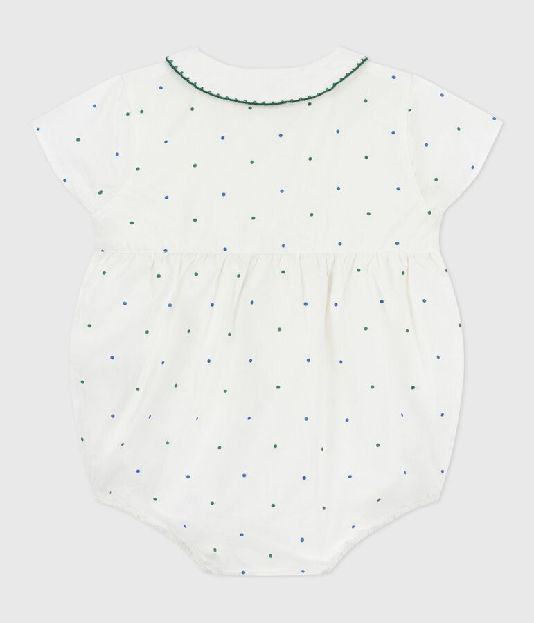 Babies' short-sleeved spotty print cotton rompers with a collar white/multicolor