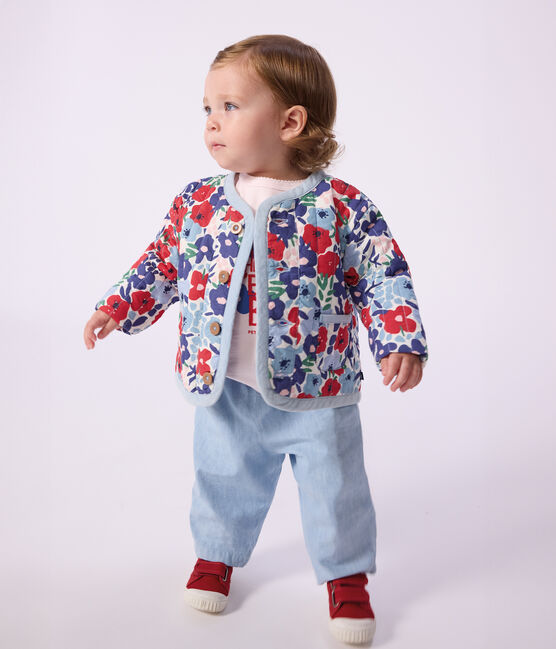Babies' quilted cotton jacket, printed with flowers MARSHMALLOW white/MULTICO white