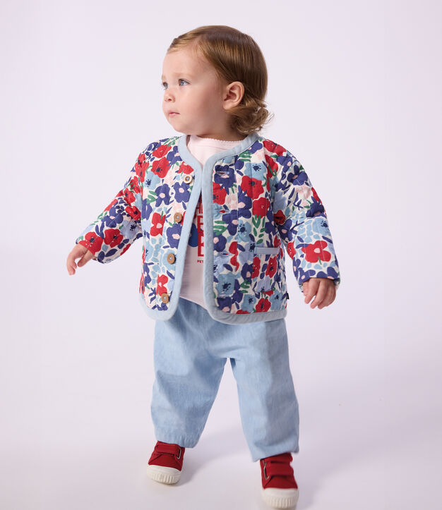 Babies' quilted cotton jacket, printed with flowers white/multicolor