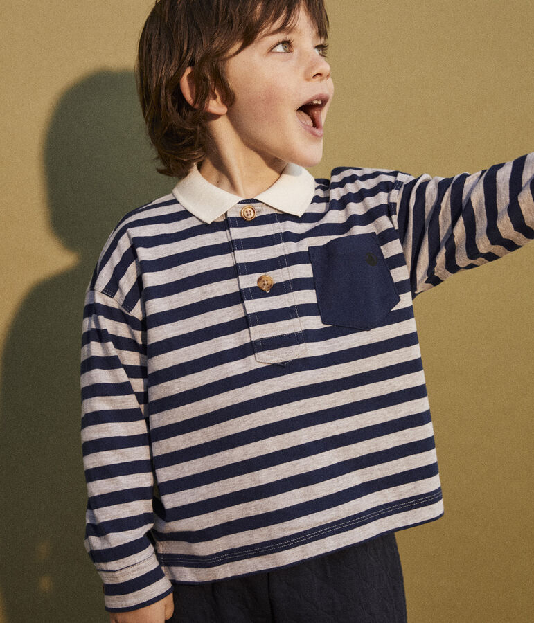 Boys' Stripy Long-Sleeved Cotton Polo Shirt MEDIEVAL blue/FUMEE