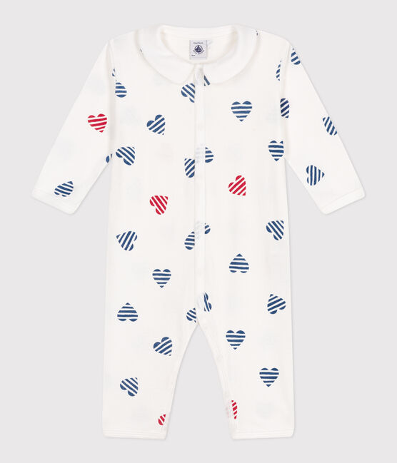 Babies' stripy footless cotton pyjamas with a heart-patterned collar MARSHMALLOW white/MULTICO white