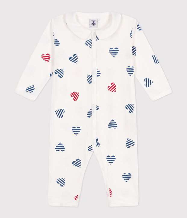 Babies' stripy footless cotton pyjamas with a heart-patterned collar white/multicolor