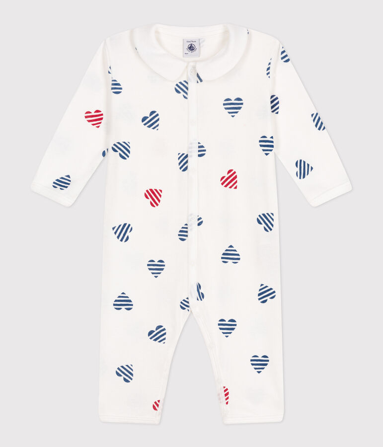 Babies' stripy footless cotton pyjamas with a heart-patterned collar white/multicolor