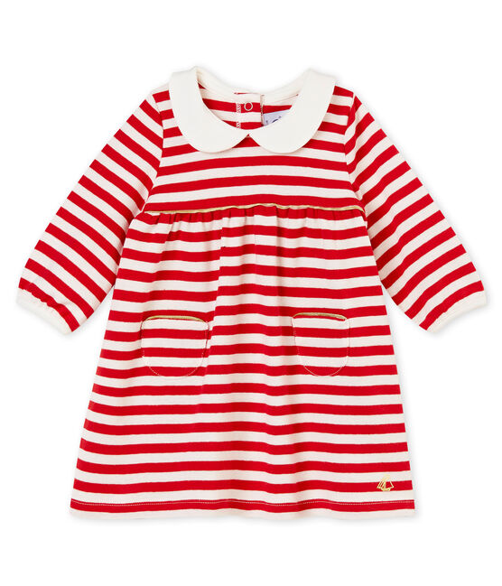 Baby girl's striped dress with collar TERKUIT red/MARSHMALLOW white
