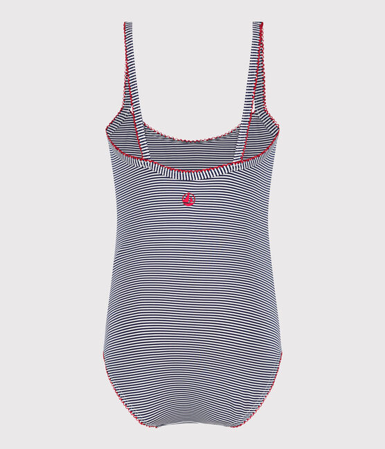 Children's one-piece stripy swimsuit MEDIEVAL blue/MARSHMALLOW white