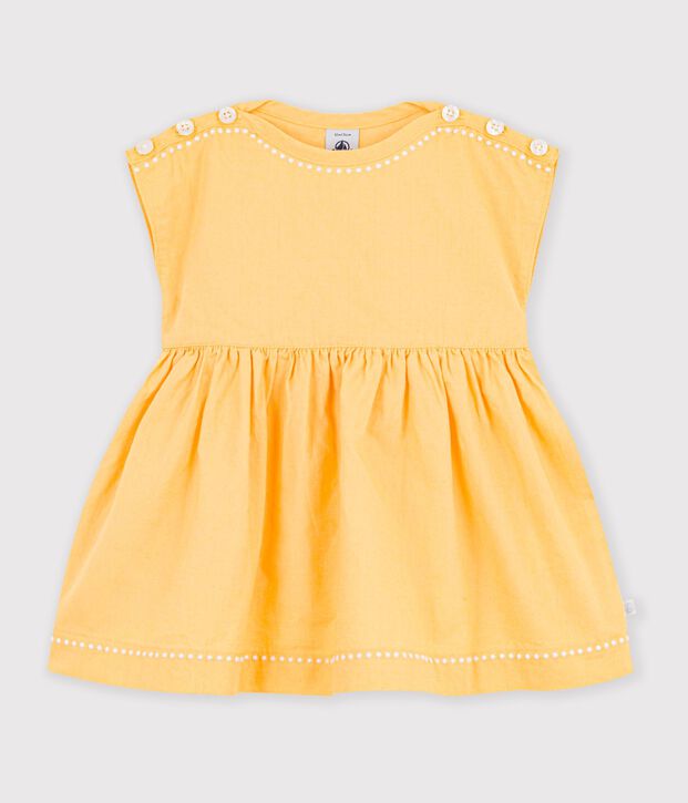 Babies' short-sleeved plain cotton/linen dress yellow