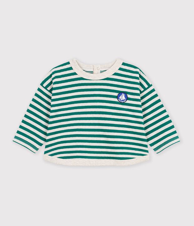 Babies' long-sleeved stripy cotton T-shirt. green/beige