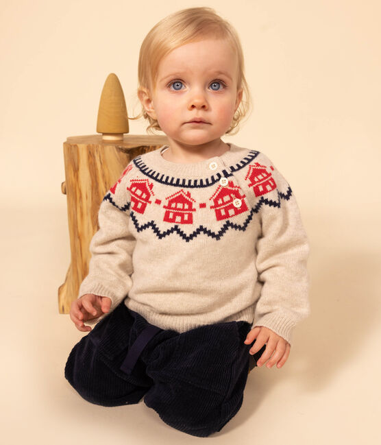 Babies' Wool/Cotton Jacquard Knitted Pullover MONTELIMAR beige/MULTICO white