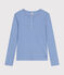 Women's plain drop needle rib knit t-shirt with long sleeves and a grandad neckline SKY CHINE blue