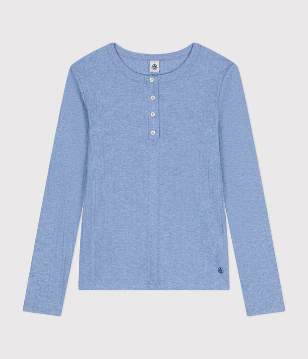 Women's plain drop needle rib knit t-shirt with long sleeves and a grandad neckline blue