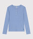 Women's plain drop needle rib knit t-shirt with long sleeves and a grandad neckline