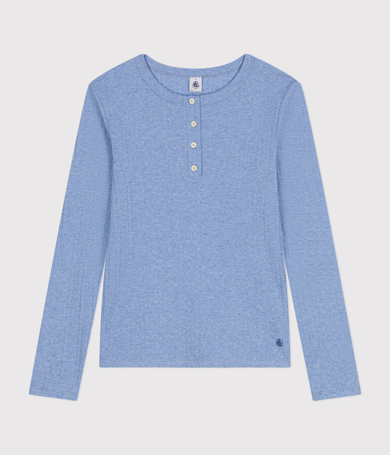 Women's plain drop needle rib knit t-shirt with long sleeves and a grandad neckline blue