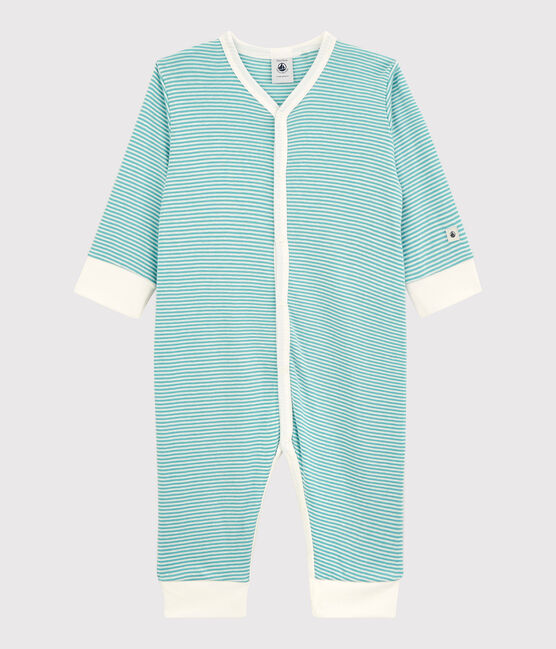 Stripy Cotton and Lyocell Sleepsuit MIROIR blue/MARSHMALLOW white