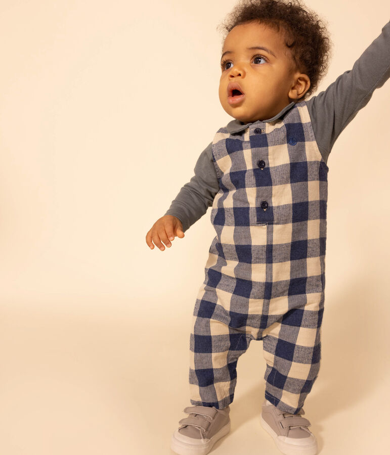 Babies' Sleeveless Flannel Jumpsuit blue/ecru