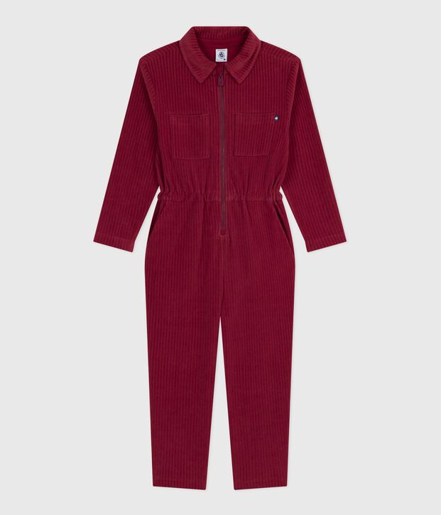 Children's long jumpsuit in plain terry velour red