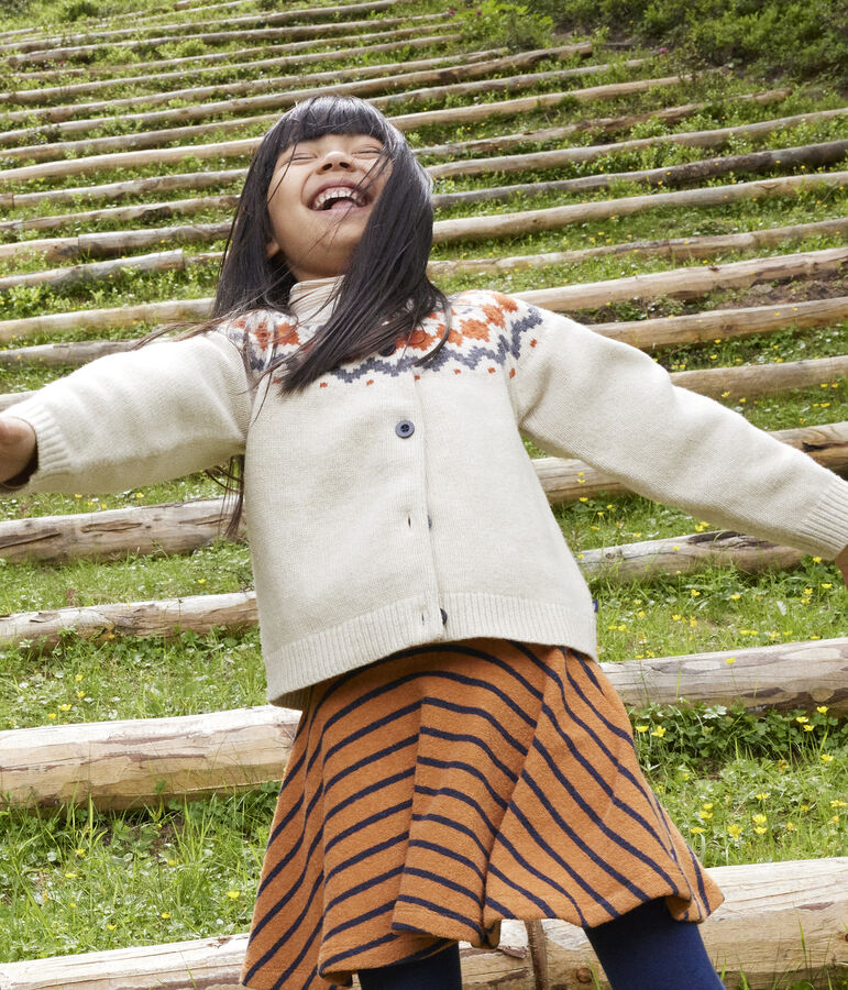 Girls' cotton and wool jacquard cardigan MONTELIMAR beige/MULTICO white