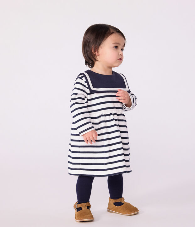 Babies' Breton stripe dress in thick cotton with long sleeves white/blue