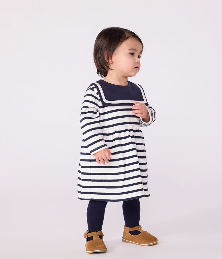 Babies' Breton stripe dress in thick cotton with long sleeves white/blue