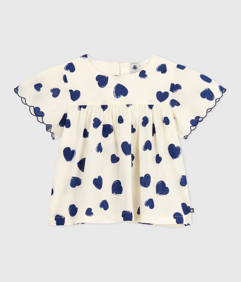Children's cotton blouse in printed cotton poplin. Ecru/blue