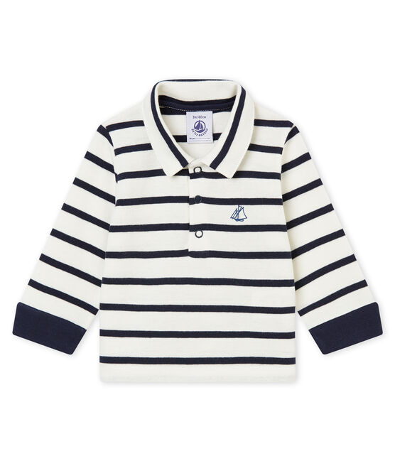 Baby boy's sailor striped polo shirt MARSHMALLOW white/SMOKING blue