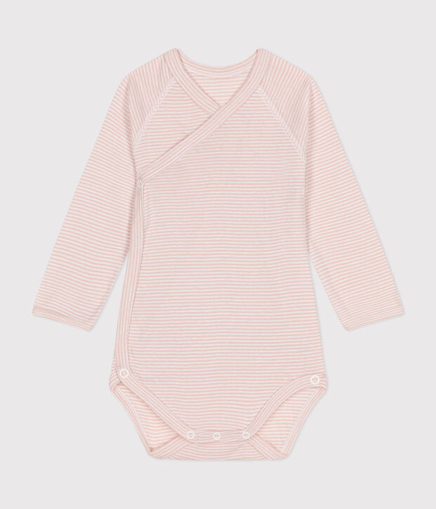 Babies' Long-Sleeved Cotton Wrapover Bodysuit. pink/white