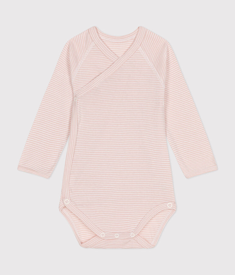 Babies' Long-Sleeved Cotton Wrapover Bodysuit. pink/white