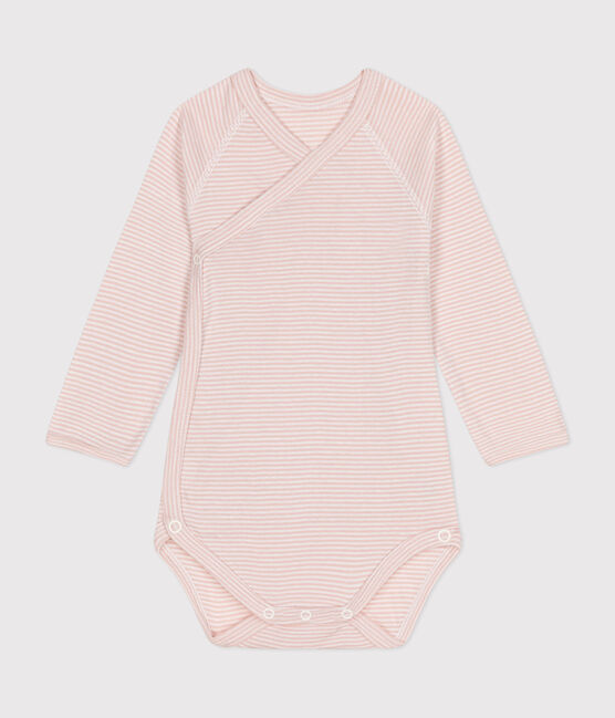 Babies' Long-Sleeved Cotton Wrapover Bodysuit. SALINE /MARSHMALLOW