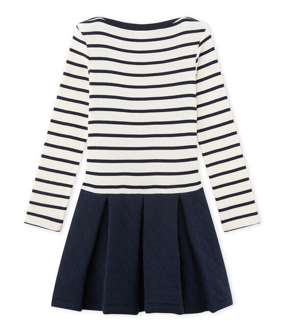 Girl's dual fabric dress COQUILLE beige/SMOKING blue