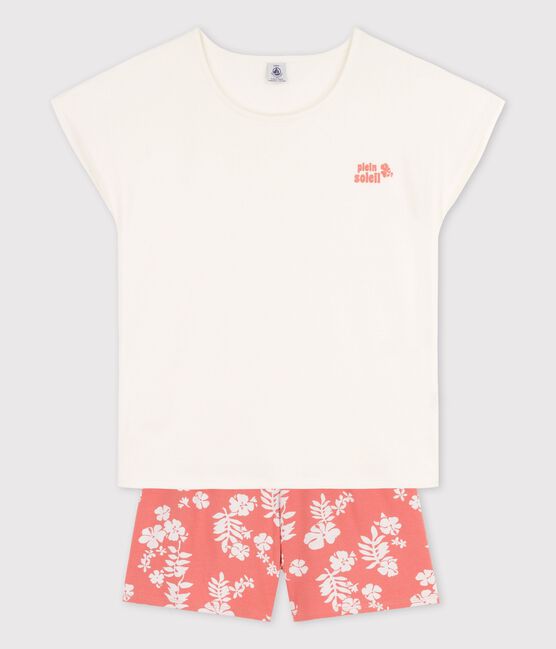 Girls' Cotton Short Pyjamas MARSHMALLOW white/PAPAYE