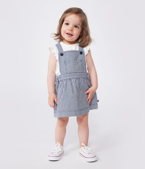 Babies' stripy cotton pinafore dress MEDIEVAL blue/MARSHMALLOW white