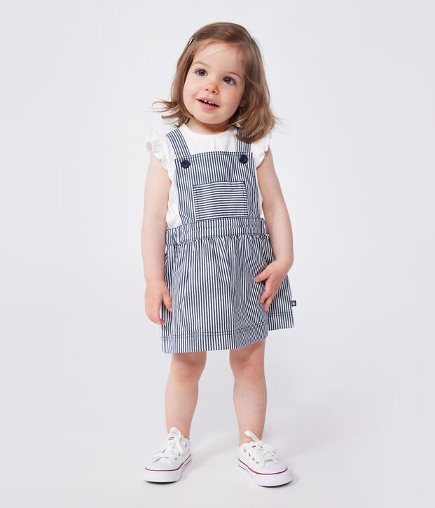 Babies' stripy cotton pinafore dress blue/white