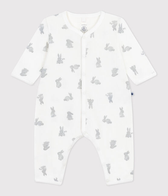 Babies' footless rabbit print cotton pyjama suit MARSHMALLOW white/GRIS grey