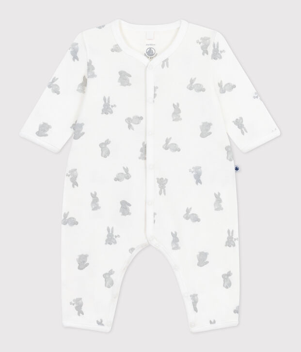 Babies' footless rabbit print cotton pyjama suit white/grey