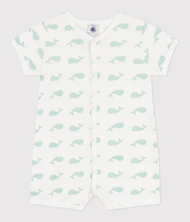 Babies' whale print cotton playsuit white/blue