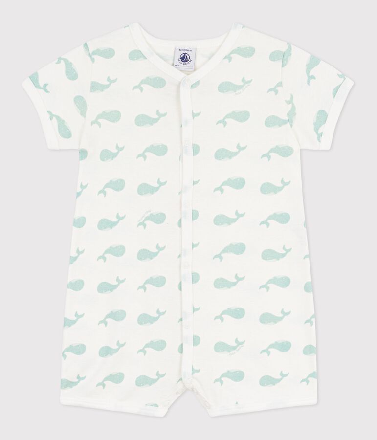 Babies' whale print cotton playsuit MARSHMALLOW /SPRAY