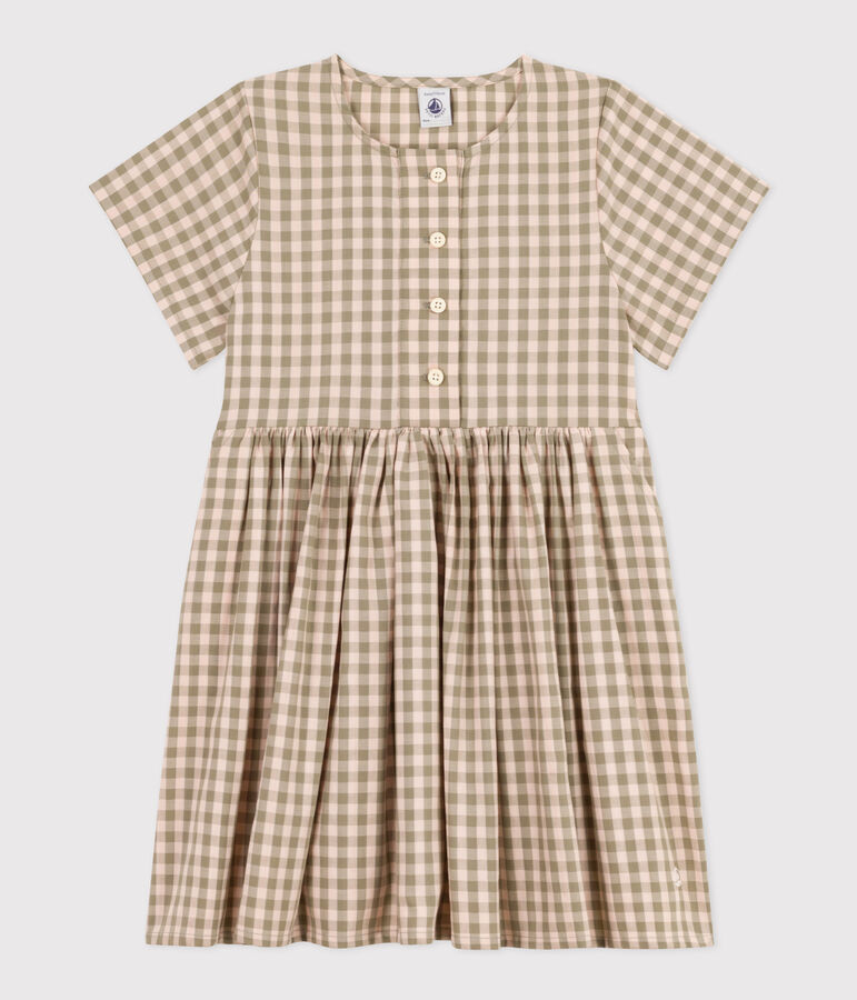 Girls' Short-Sleeved Seersucker Dress green/pink