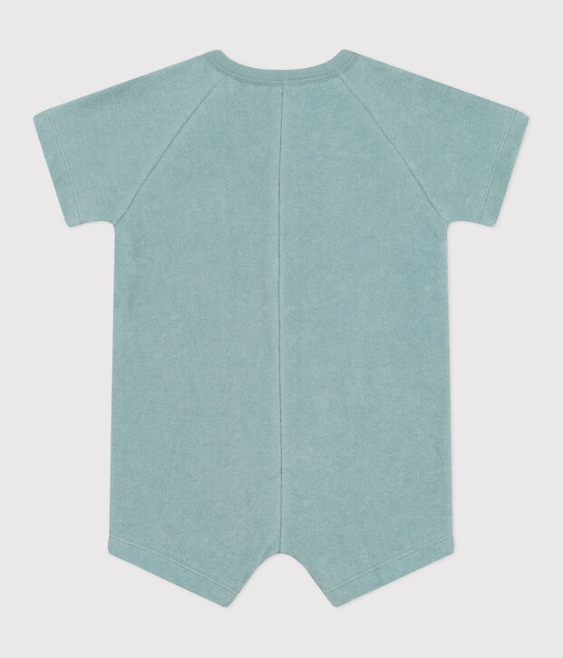 Babies' short-sleeved plain cotton towelling playsuit with a badge green
