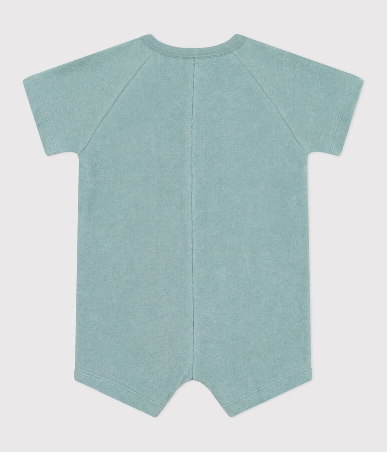 Babies' short-sleeved plain cotton towelling playsuit with a badge green