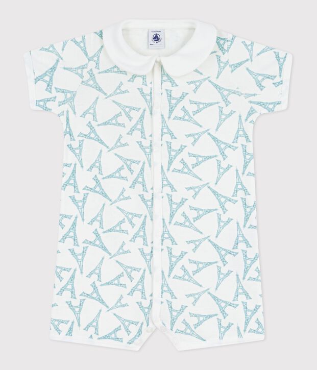 Babies' Eiffel Tower print cotton short jumpsuit with a collar white/blue