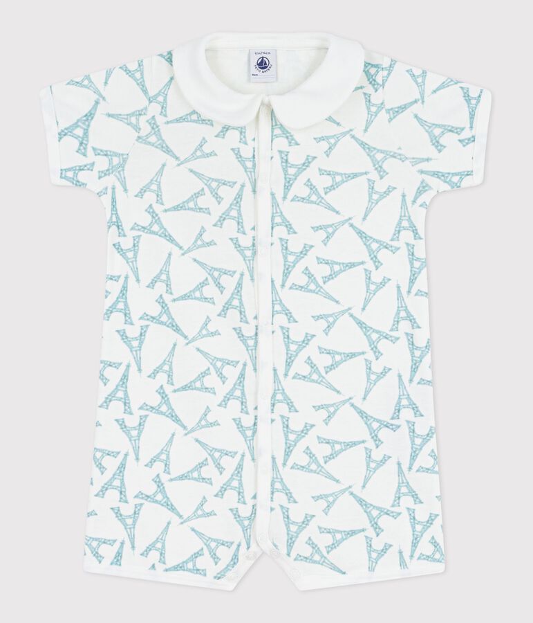 Babies' Eiffel Tower print cotton short jumpsuit with a collar white/green