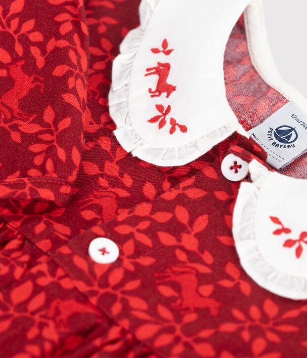 Babies' long-sleeved printed cotton dress with an embroidered collar red/red