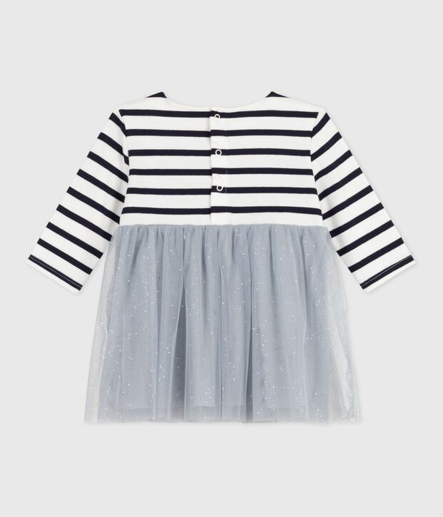 Babies' long-sleeved dress in two materials blue/multicolor