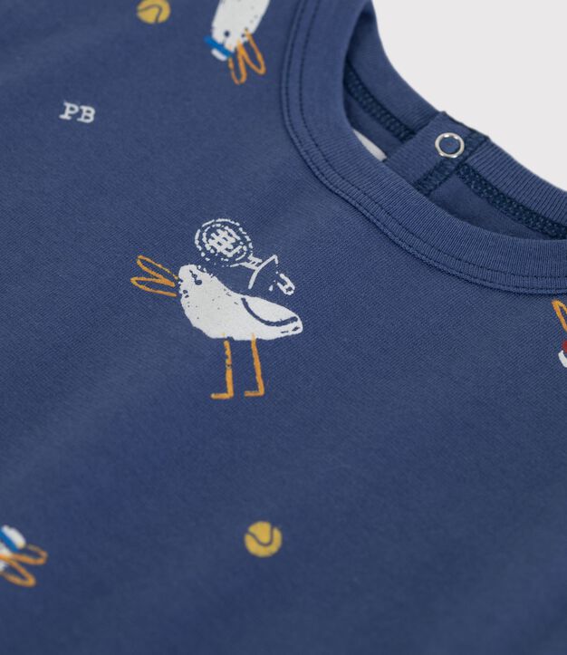 Babies' short-sleeved seagull-print cotton T-shirt blue/multicolor